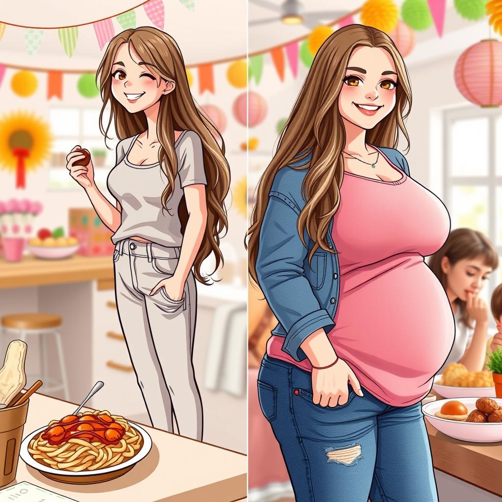 A creative depiction of the transformation of a skinny girl to a fuller figure