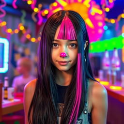 A girl with long black hair, with a streak of bright pink mixed into her hair