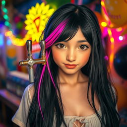 A girl with long black hair, with a streak of bright pink mixed into her hair