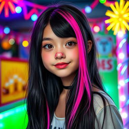 A girl with long black hair, with a streak of bright pink mixed into her hair