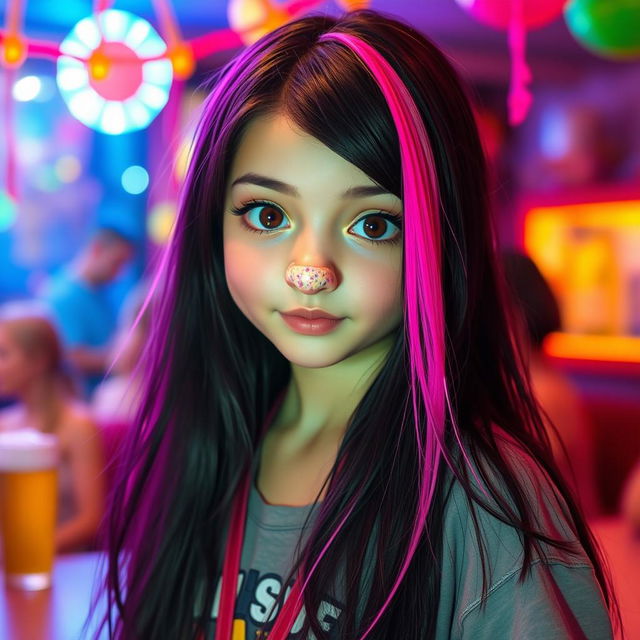 A girl with long black hair, with a streak of bright pink mixed into her hair