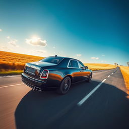 A wide-angle shot of a sleek, black Rolls-Royce Mulsanne cruising gracefully along a scenic countryside highway