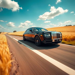A wide-angle shot of a sleek, black Rolls-Royce Mulsanne cruising gracefully along a scenic countryside highway