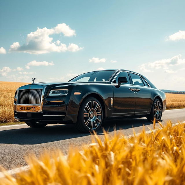 A wide-angle shot of a sleek, black Rolls-Royce Mulsanne cruising gracefully along a scenic countryside highway