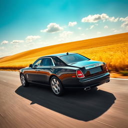A wide-angle shot of a sleek, black Rolls-Royce Mulsanne cruising gracefully along a scenic countryside highway