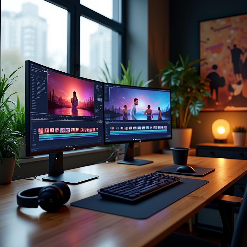 A sleek and modern video editing workspace, showcasing a dual-monitor setup displaying vibrant editing software with colorful clips arranged on the timeline