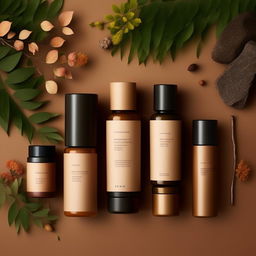 Design for a range of natural cosmetics products presented in sustainable packaging, surrounded by elements of nature like leaves, flowers, and earth tones.