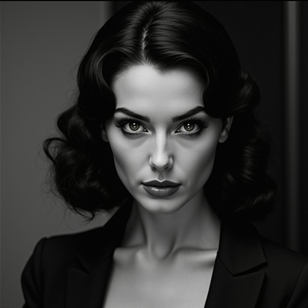 A striking black and white portrait of a sophisticated woman, with bold features and expressive eyes