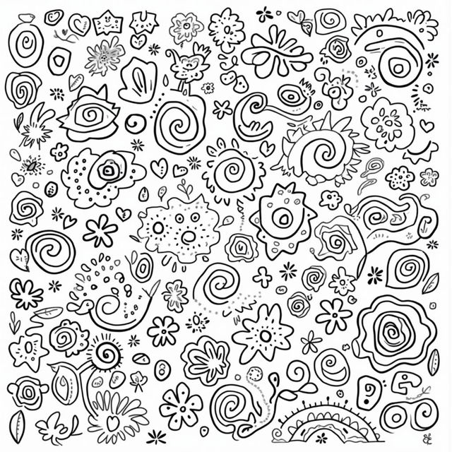 A whimsical black and white doodle filled with intricate patterns and playful shapes