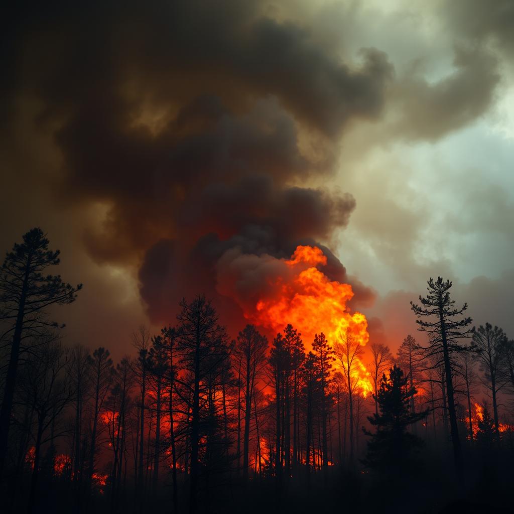 A dramatic scene depicting a forest fire engulfing trees in vibrant flames