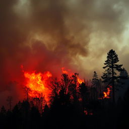 A dramatic scene depicting a forest fire engulfing trees in vibrant flames