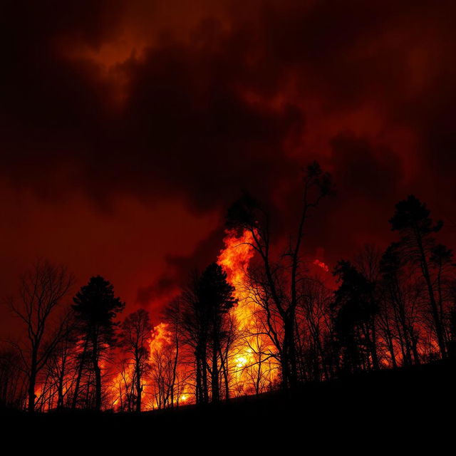 A dramatic scene depicting a forest fire engulfing trees in vibrant flames