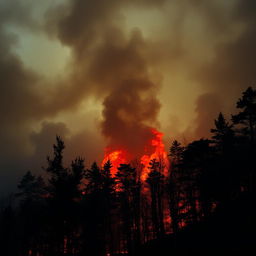 A dramatic scene depicting a forest fire engulfing trees in vibrant flames