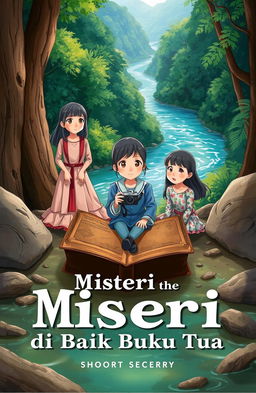 A captivating cover illustration for a short story titled 'Misteri di Balik Buku Tua'