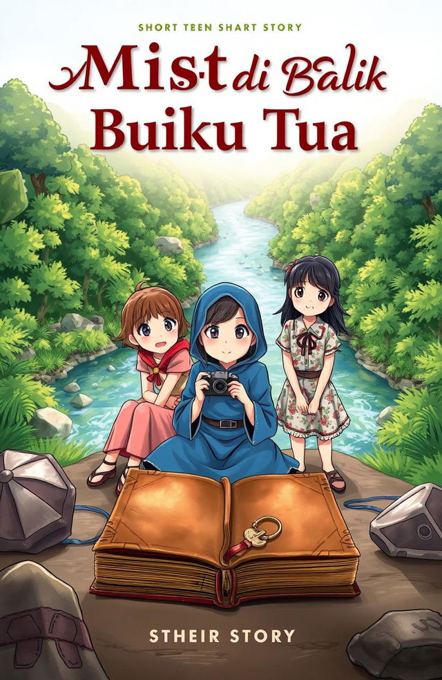 A captivating cover illustration for a short story titled 'Misteri di Balik Buku Tua'