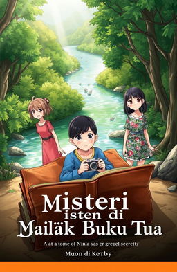 A captivating cover illustration for a short story titled 'Misteri di Balik Buku Tua'