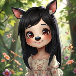 A girl with striking black hair with a hint of pink streaks, featuring a unique deer-like nose instead of a human nose