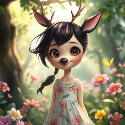 A girl with striking black hair with a hint of pink streaks, featuring a unique deer-like nose instead of a human nose