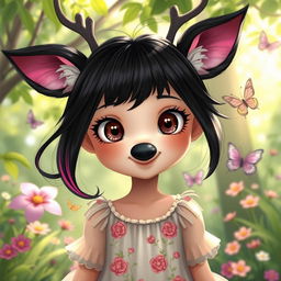 A girl with striking black hair with a hint of pink streaks, featuring a unique deer-like nose instead of a human nose