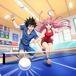 Two dynamic characters playing table tennis in an anime art style
