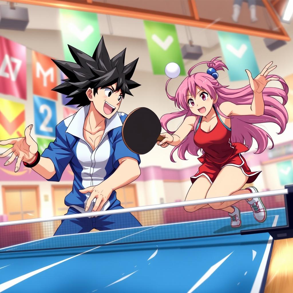 Two dynamic characters playing table tennis in an anime art style