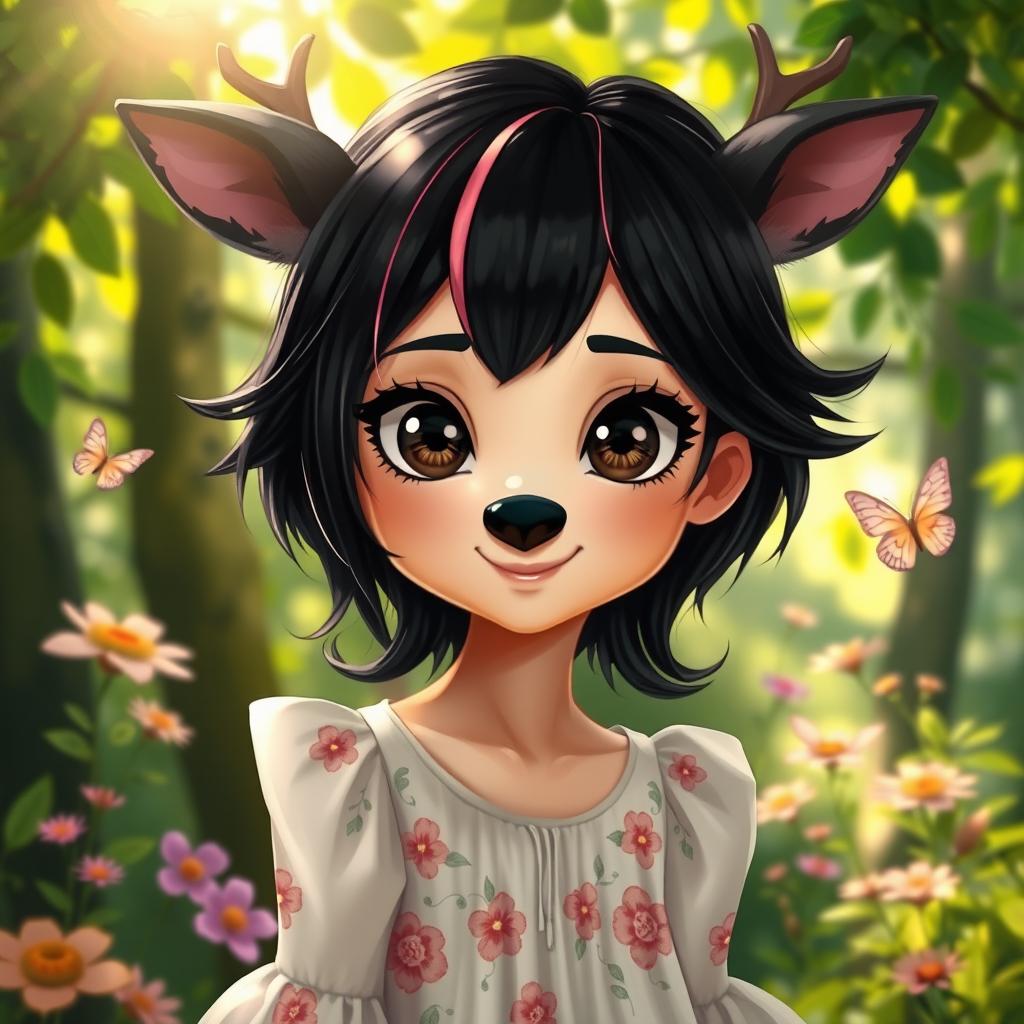 A girl with striking black hair with a hint of pink streaks, featuring a unique deer-like nose instead of a human nose