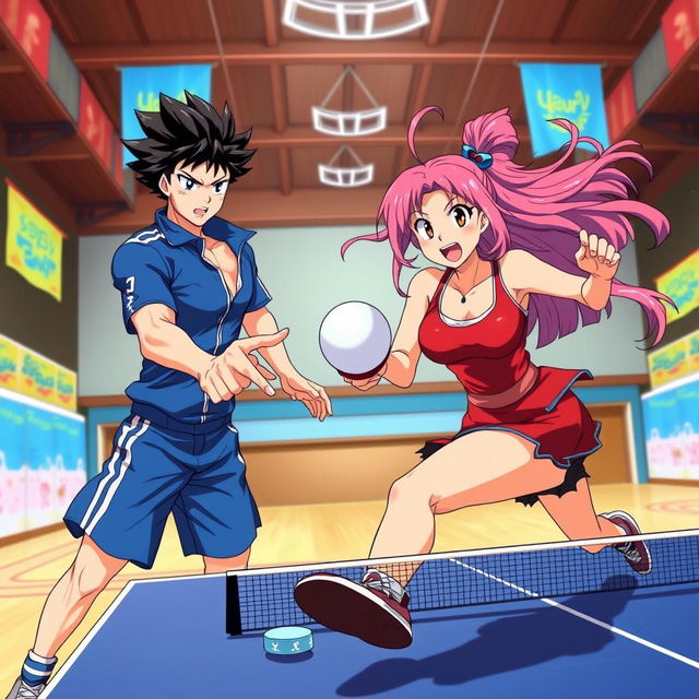 Two dynamic characters playing table tennis in an anime art style