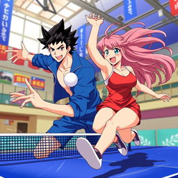 Two dynamic characters playing table tennis in an anime art style