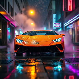 A low-angle shot of a Lamborghini Aventador parked in the middle of a rain-soaked urban street at night