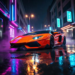 A low-angle shot of a Lamborghini Aventador parked in the middle of a rain-soaked urban street at night