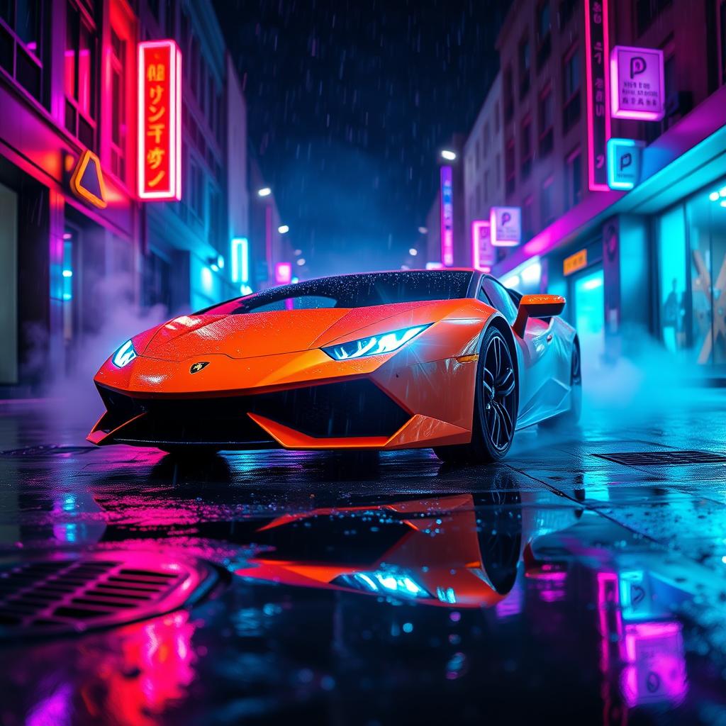 A low-angle shot of a Lamborghini Aventador parked in the middle of a rain-soaked urban street at night