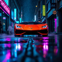 A low-angle shot of a Lamborghini Aventador parked in the middle of a rain-soaked urban street at night