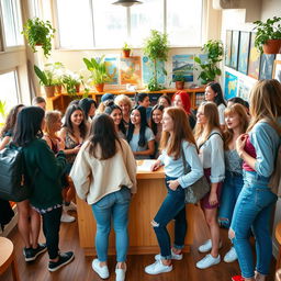 A lively hostel reception area filled with a diverse group of girls, each showcasing their unique style and personality