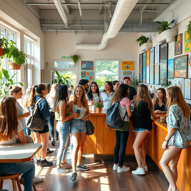 A lively hostel reception area filled with a diverse group of girls, each showcasing their unique style and personality