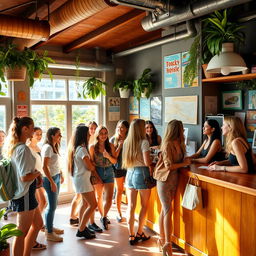 A lively hostel reception area filled with a diverse group of girls, each showcasing their unique style and personality