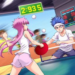 A dynamic and colorful scene of two people engaged in an exciting game of table tennis, illustrated in vibrant anime art style