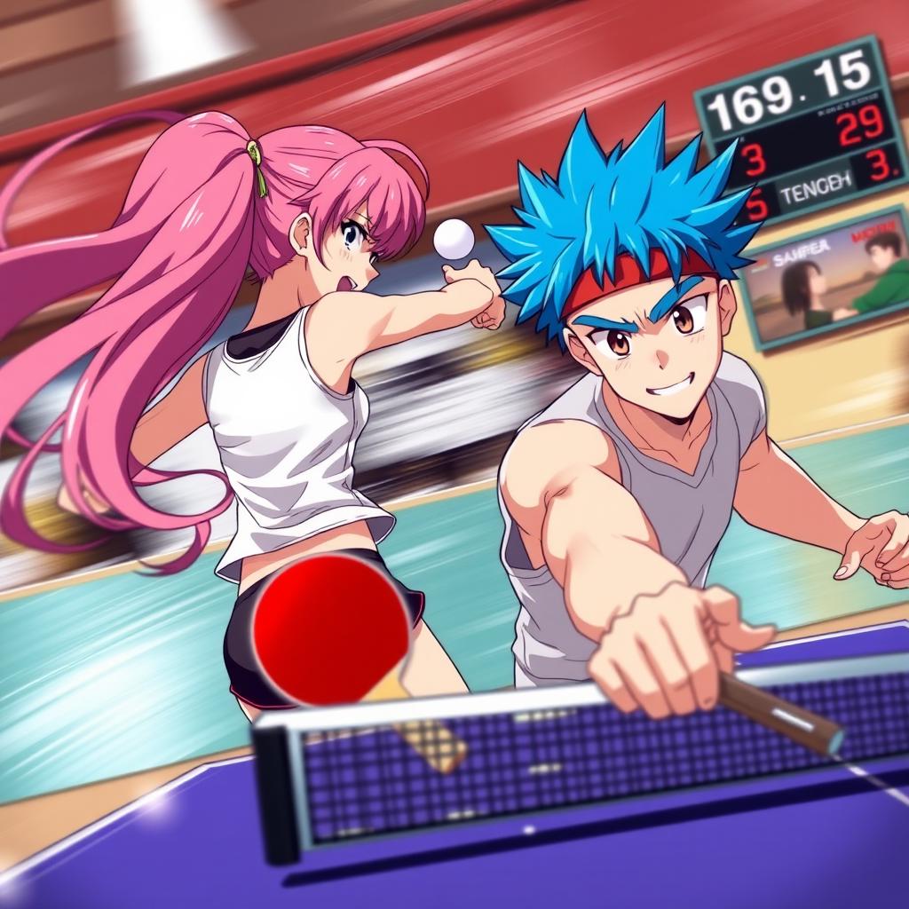 A dynamic and colorful scene of two people engaged in an exciting game of table tennis, illustrated in vibrant anime art style