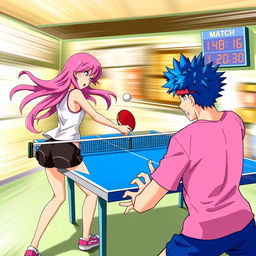 A dynamic and colorful scene of two people engaged in an exciting game of table tennis, illustrated in vibrant anime art style