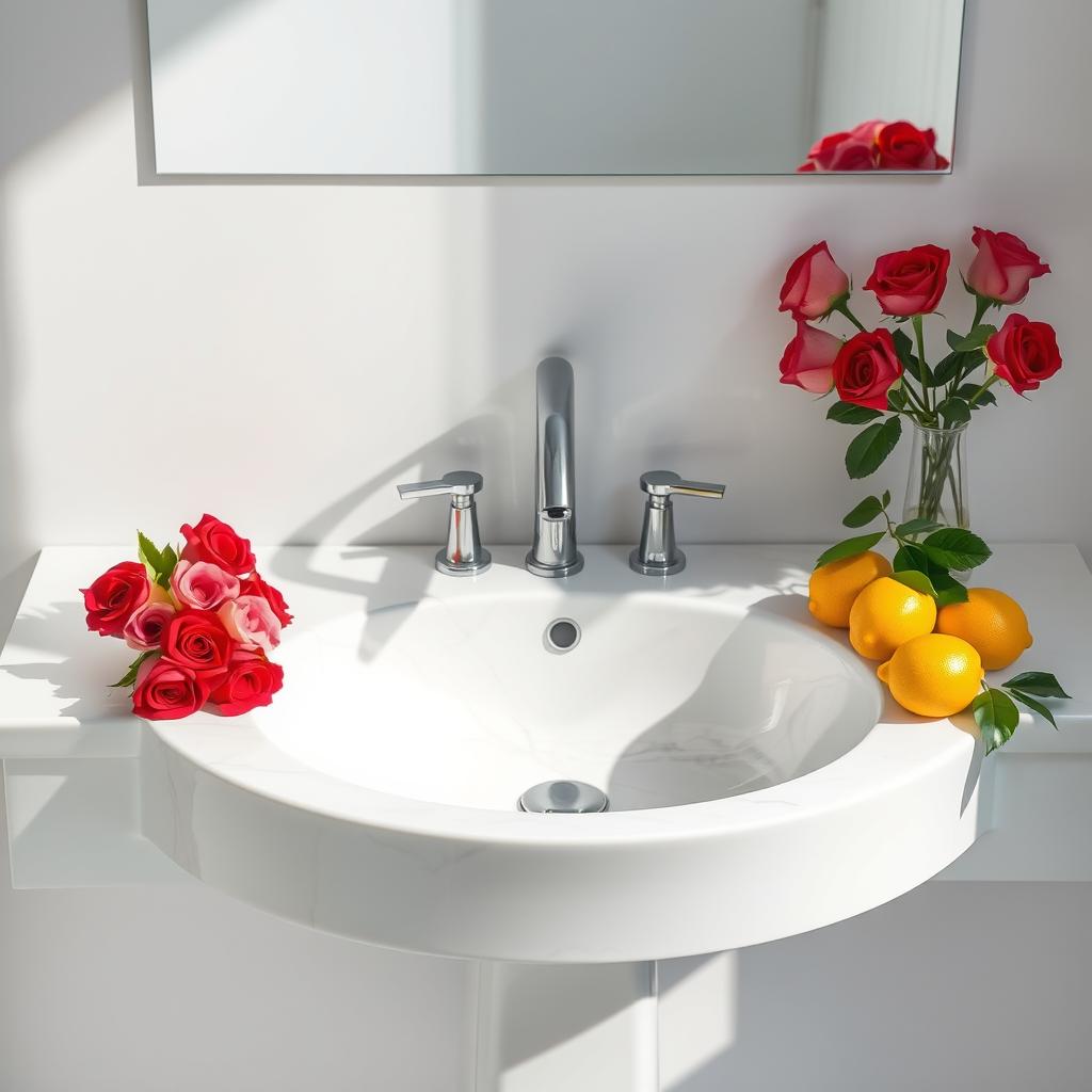 A pristine white marble sink elegantly placed in a well-lit bathroom setting