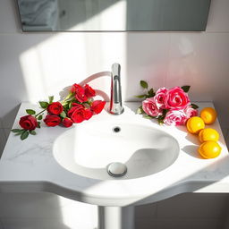 A pristine white marble sink elegantly placed in a well-lit bathroom setting