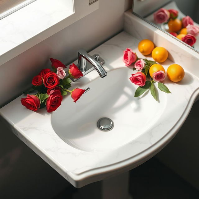 A pristine white marble sink elegantly placed in a well-lit bathroom setting