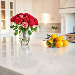 A luxurious white marble kitchen countertop featuring a sleek and polished surface