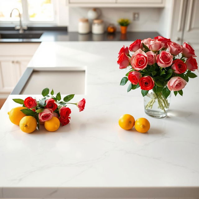 A luxurious white marble kitchen countertop featuring a sleek and polished surface