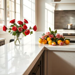 A luxurious white marble kitchen countertop featuring a sleek and polished surface