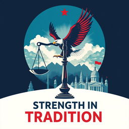 A bold and striking poster depicting the concept of non-liberalism, featuring various symbolic elements such as a balance scale representing order and tradition, a powerful eagle soaring above a skyline, and a backdrop of historical architecture symbolizing stability