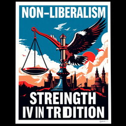 A bold and striking poster depicting the concept of non-liberalism, featuring various symbolic elements such as a balance scale representing order and tradition, a powerful eagle soaring above a skyline, and a backdrop of historical architecture symbolizing stability