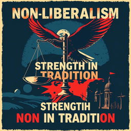 A bold and striking poster depicting the concept of non-liberalism, featuring various symbolic elements such as a balance scale representing order and tradition, a powerful eagle soaring above a skyline, and a backdrop of historical architecture symbolizing stability