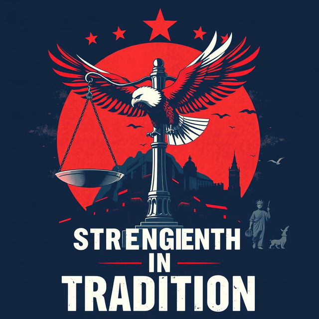 A bold and striking poster depicting the concept of non-liberalism, featuring various symbolic elements such as a balance scale representing order and tradition, a powerful eagle soaring above a skyline, and a backdrop of historical architecture symbolizing stability