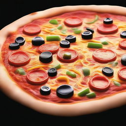 A digital art image of a tantalizing barbeque pizza, its cheese melting and toppings glistening, set against a stark black background