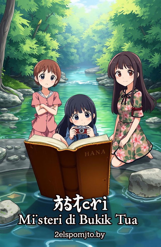 An anime cover for the short story "Misteri di Balik Buku Tua" featuring three characters sitting around an old brown book that looks worn and damaged